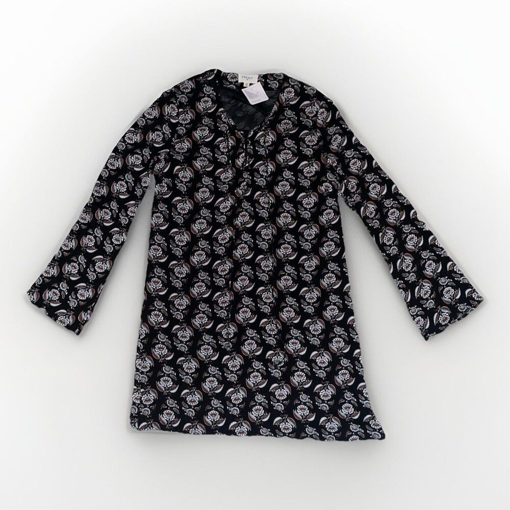 New EVERLY Tunic Shift Dress sz S Long Sleeve Floral Tassels Lace Up Neck‎ Black